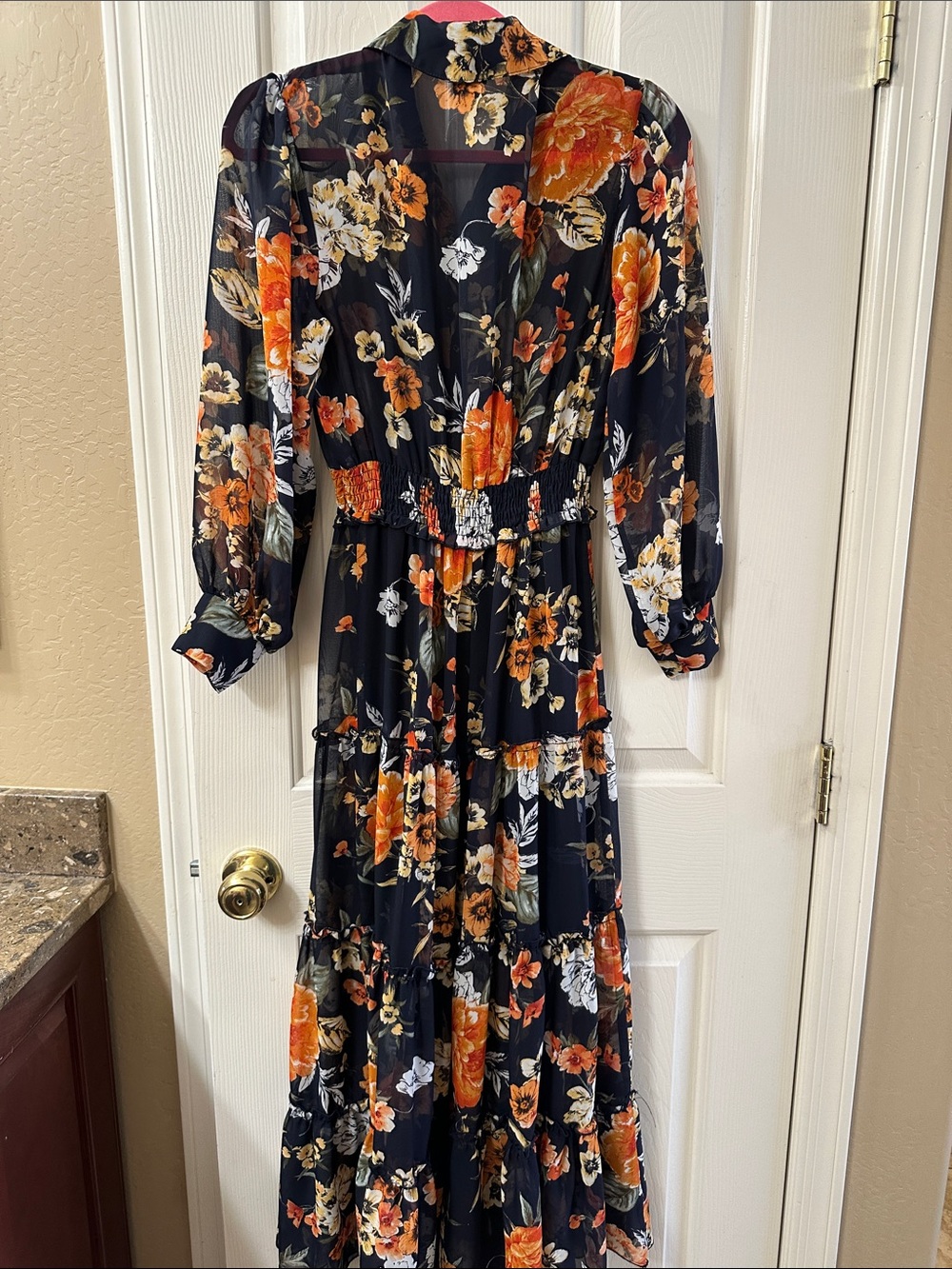Women's navy Floral Button-Front Tiered Maxi Dress with Orange Blooms - Picture 4 of 4